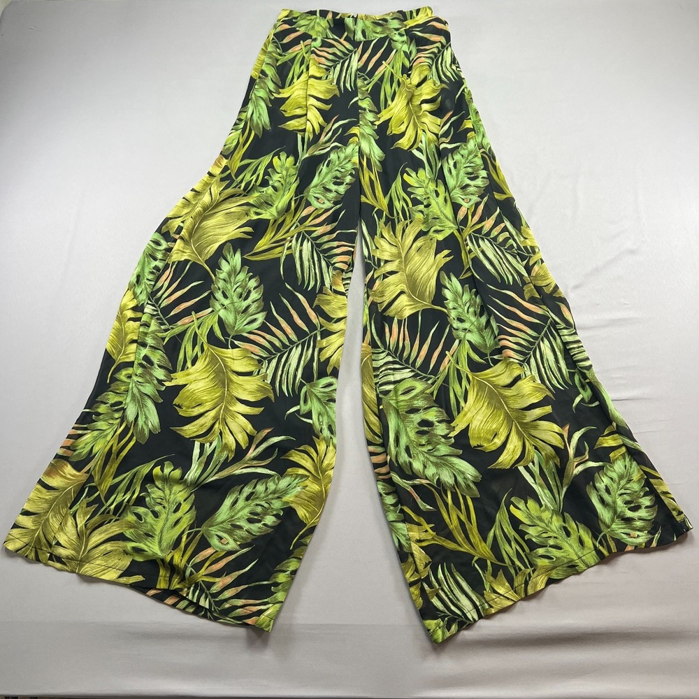 Meek Palazzo Pants Women S Black Green Tropical Leaf Back Zip High Rise Wide Leg